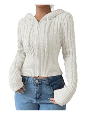 Cable Knit Crop Cardigan Sweater Zip Up Hoodie Long Sleeve Y2k